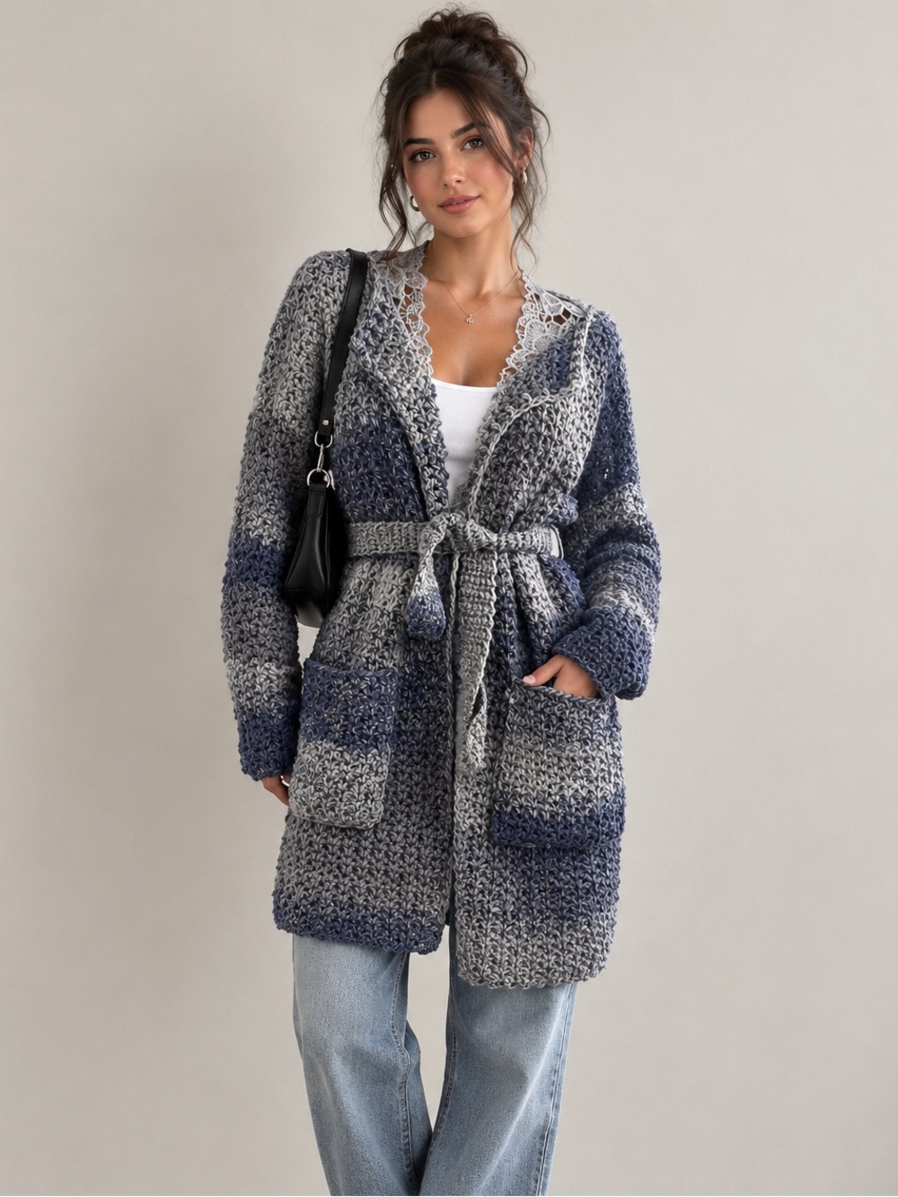 Hand Crocheted Chunky Slouchy Heavy Knit Tie Waist Cardigan Sweater